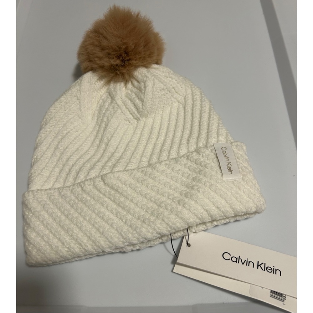 Calvin Klein Cream Beanie with Tan Pom Pom